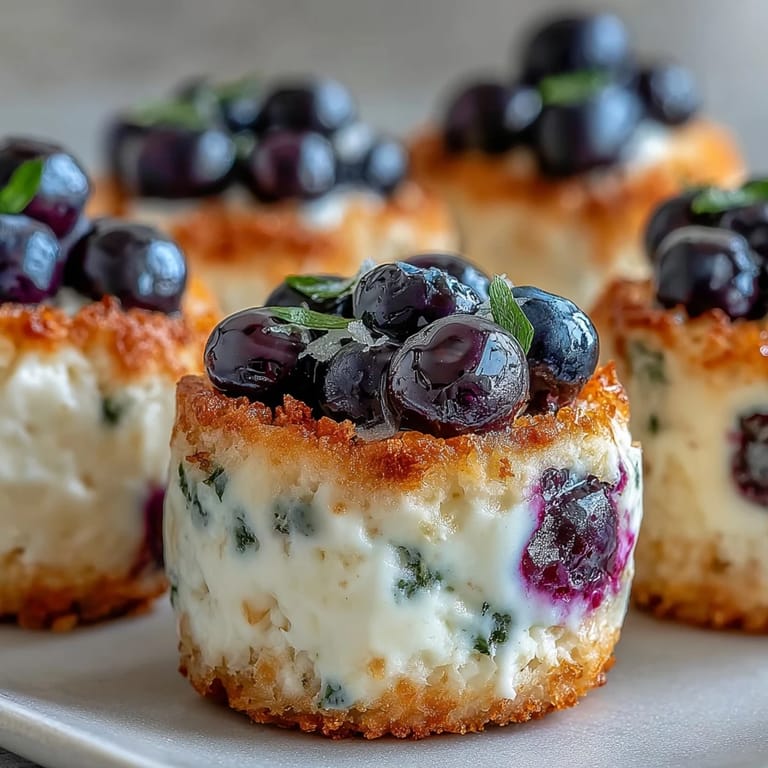 A tray of freshly baked mini cottage cheese blueberry bites, lightly golden and dotted with fresh blueberries, perfect for a healthy snack.