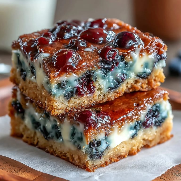 Chewy, buttery blondie bars loaded with fresh blueberries, baked to golden perfection for a fruity dessert delight.  