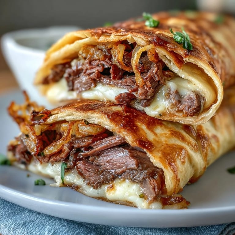 Hand-held French dip tortilla roll ups with layers of roast beef, provolone, and crispy onions, baked to golden perfection and ready for au jus dipping.