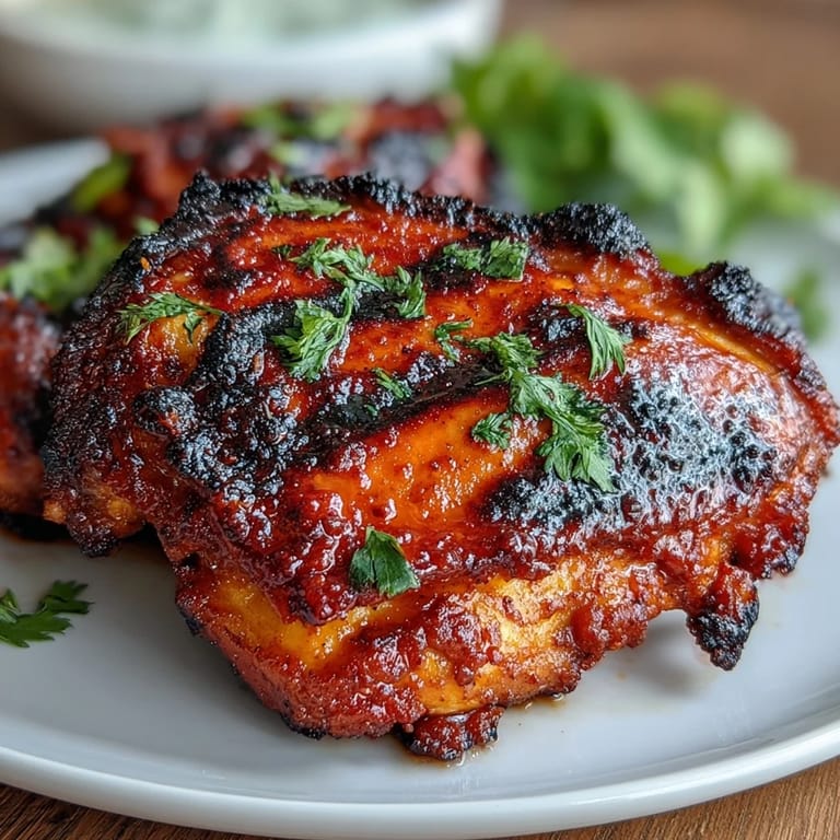 Succulent tandoori chicken sizzling on a baking sheet, golden and slightly charred, with vibrant Indian spices visible on the surface.  