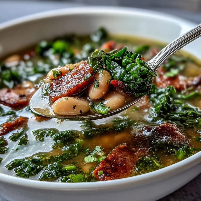 Hearty ham and kale white bean soup with creamy cannellini beans, carrots, and celery in a rich, savory broth.