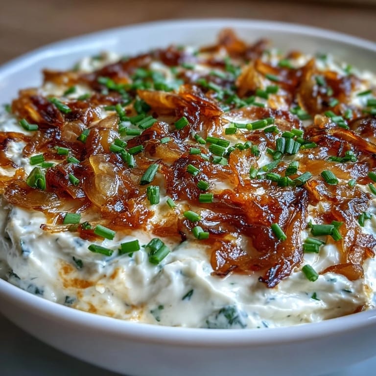 Rich sour cream and chive dip featuring sweet caramelized onions, perfect for scooping with crackers or fresh vegetables.