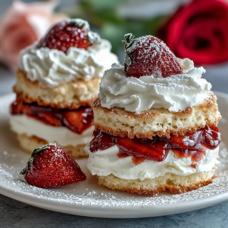 Heart-shaped strawberry shortcakes topped with sweet strawberries and clouds of vanilla whipped cream.