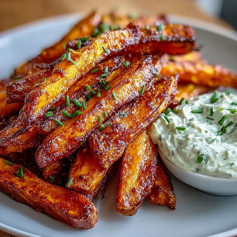 Golden sweet potato fries, lightly spiced and air-fried, accompanied by a rich, creamy onion dip—perfect for dipping.