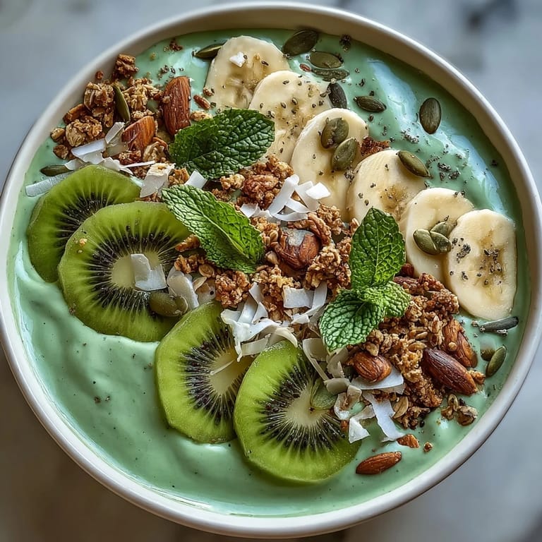 Creamy green smoothie bowl made with spinach, kiwi, and banana, garnished with crunchy toppings for texture.  