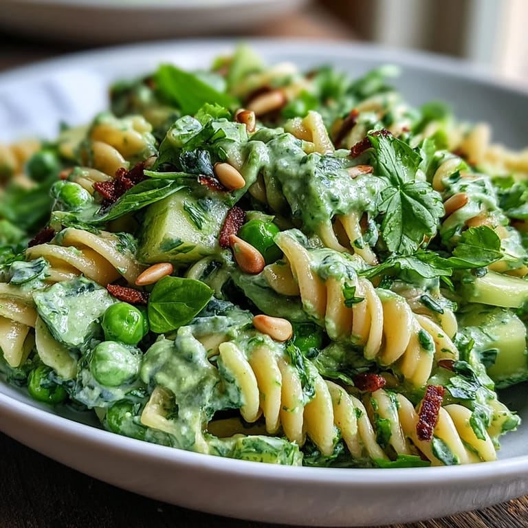 Creamy green goddess pasta salad with tender peas, fresh herbs, and crunchy vegetables—an easy vegetarian spring lunch or side dish.