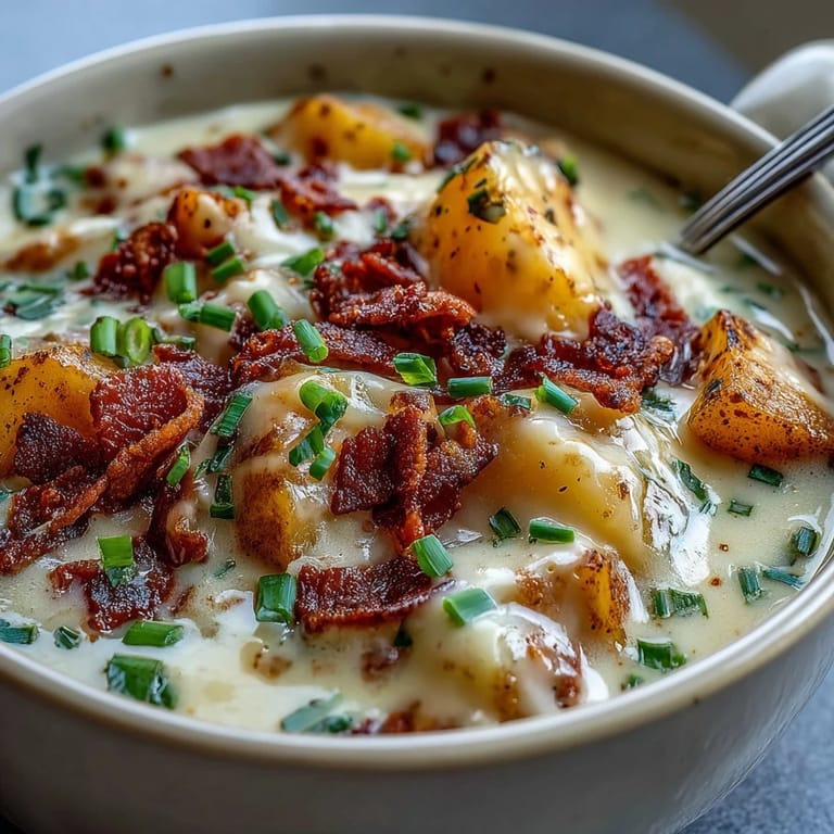A hearty Irish-American potato soup with tender chunks, Greek yogurt, and smoky bacon crumbles.  