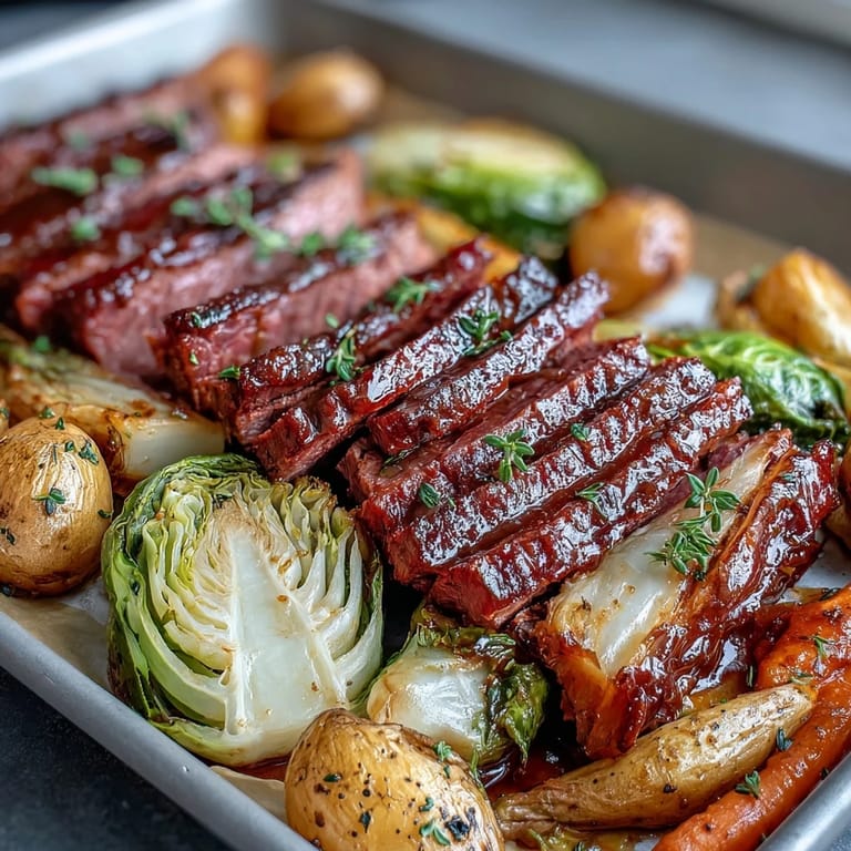 Classic corned beef and cabbage dinner reimagined as a quick sheet pan meal, featuring juicy beef, caramelized vegetables, and aromatic herbs.