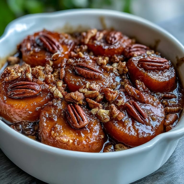 A close-up of tender yams baked with cinnamon and maple syrup, topped with crunchy toasted pecans for texture.