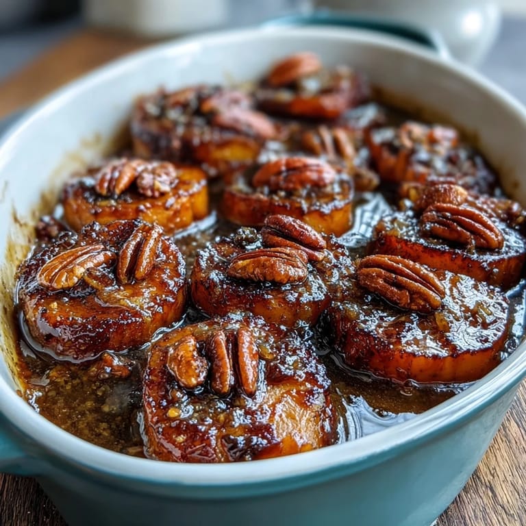 Warm candied yams glazed with rich brown sugar and butter, garnished with golden toasted pecans in a small baking dish.