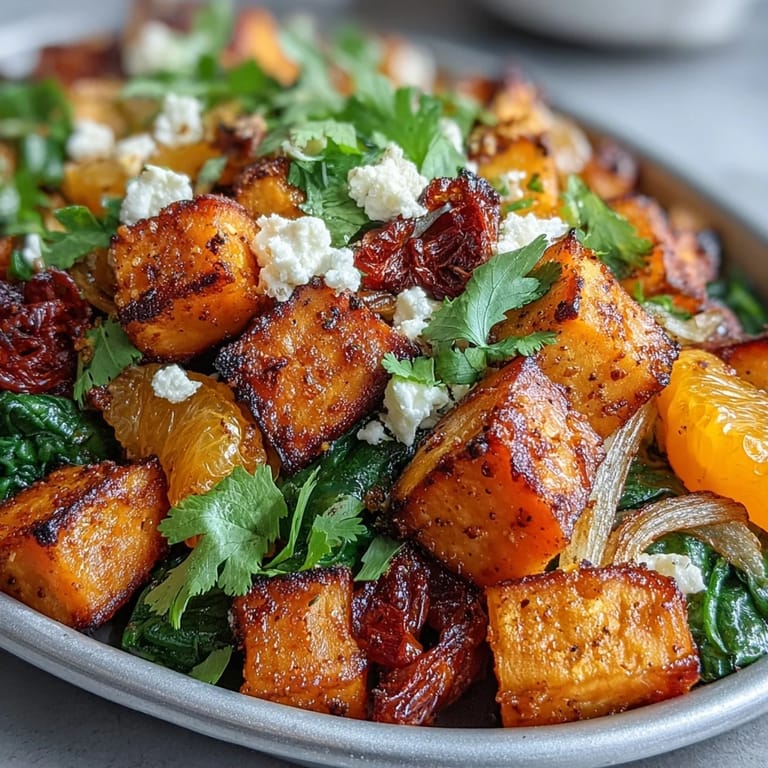Colorful breakfast hash featuring roasted sweet potatoes, orange segments, and spinach, baked to perfection on a sheet pan.