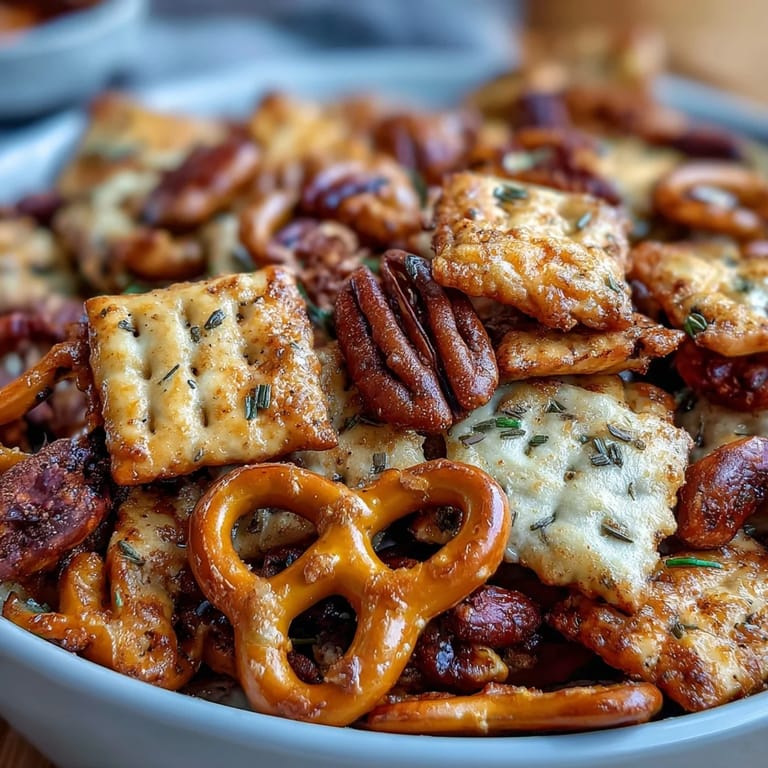 Savory sourdough Cheez-Its snack mix featuring cheese crackers, roasted nuts, and pretzels, baked with seasoned butter.
