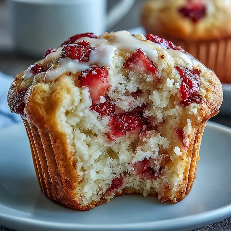 Golden-topped strawberry Greek yogurt muffins, tender and moist, filled with fresh berries for a wholesome, satisfying baked good.