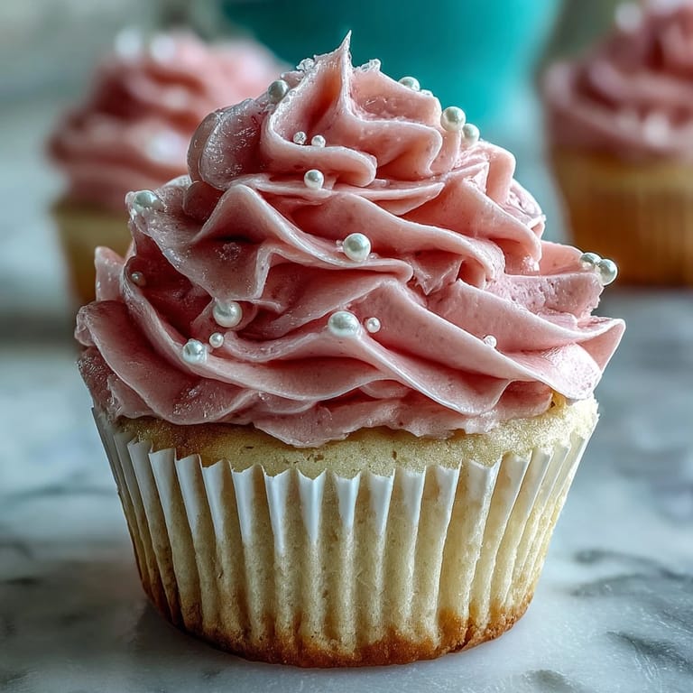 Soft, moist vanilla cupcakes crowned with creamy pastel-pink frosting, decorated with edible pearls for a bridal shower treat.