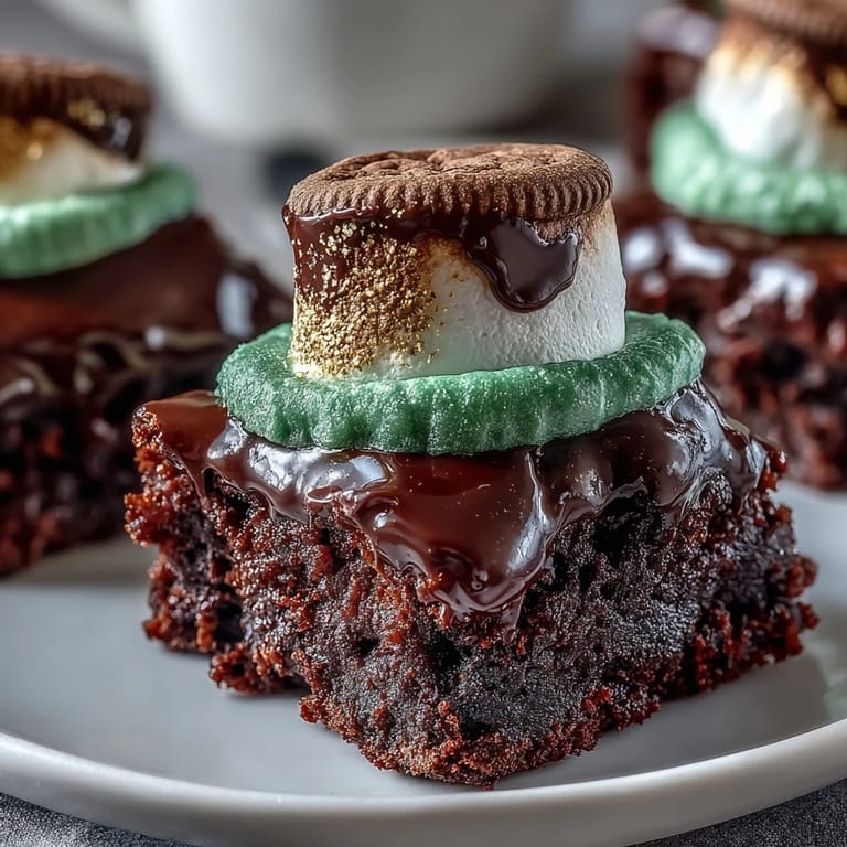 Rich, fudgy brownie bases crowned with festive chocolate-dipped marshmallow hats and gold sprinkle buckles for a lucky treat.