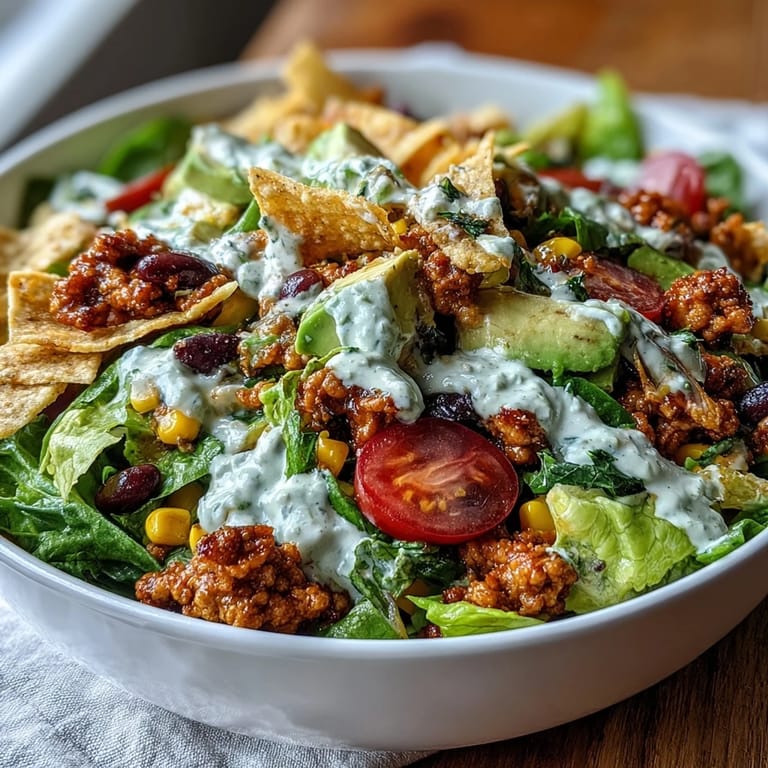 Vibrant taco salad featuring lean turkey, black beans, corn, and creamy Greek yogurt ranch dressing in a wholesome, gluten-free bowl.