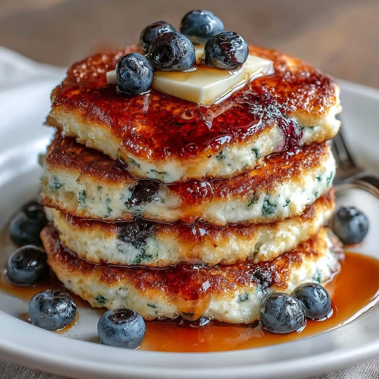 Fluffy high-protein pancakes made with creamy cottage cheese and sweet blueberries, ideal for a healthy and satisfying start to your day.  
