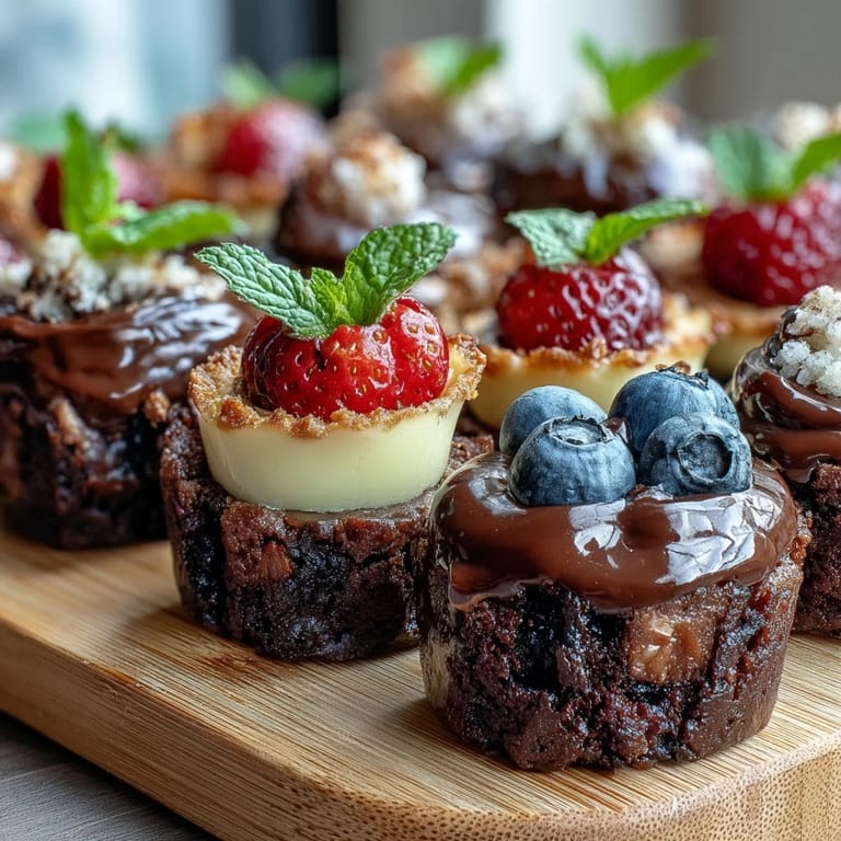 Tiered platter showcasing mini brownie bites, lemon cheesecake cups, and fruit tartlets at a cozy housewarming party.