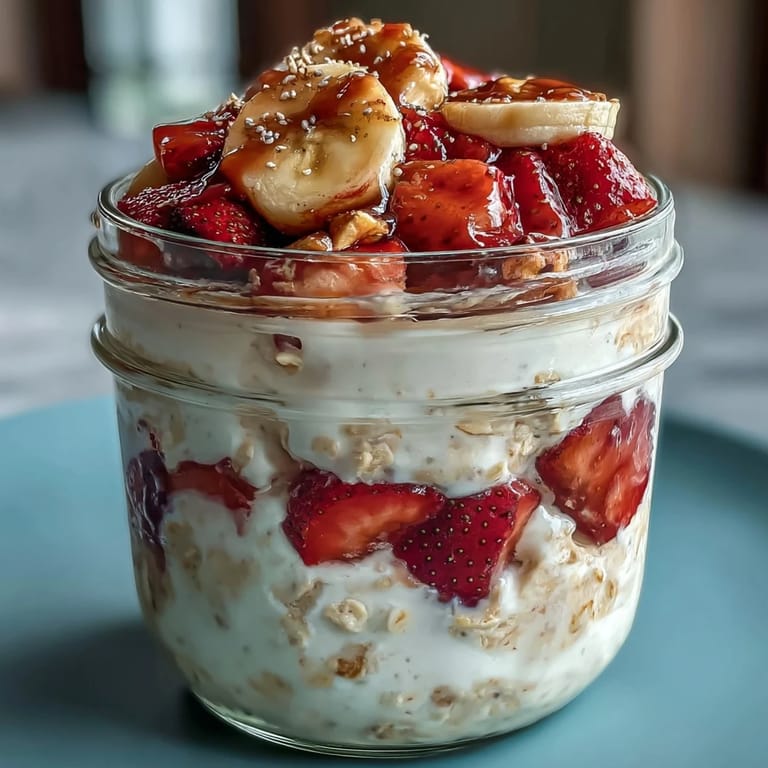 Vibrant overnight oats with chia seeds, topped with sliced strawberries and ripe banana for a naturally sweet, healthy start to the day.  