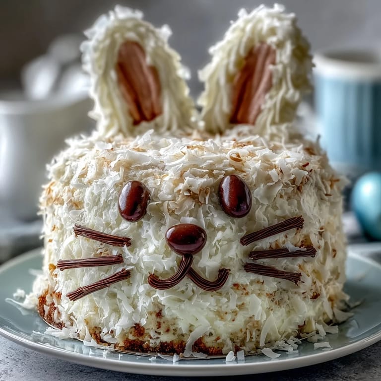 Fluffy vanilla cake shaped like a bunny, frosted with creamy coconut icing and adorned with colorful jelly beans and licorice whiskers.