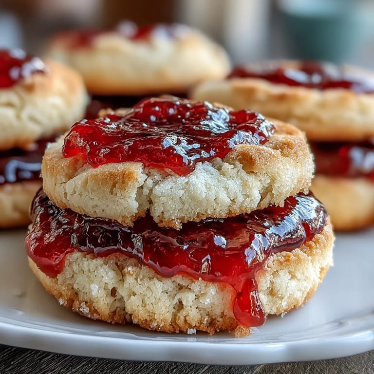 Delicate clotted cream sugar cookies topped with jewel-like strawberry jam, perfect for teatime or an elegant dessert presentation.