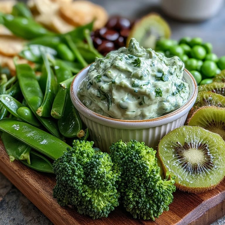 Colorful platter of green vegetables, fruits, and savory snacks, arranged beautifully for a St. Patrick's Day celebration.  