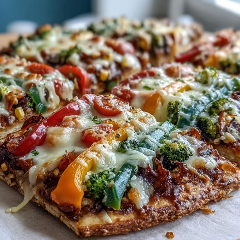 Celebrate with this easy St. Patrick's Day Rainbow Veggie Flatbread Pizza, featuring fresh vegetables and melted cheese on crispy naan bread.