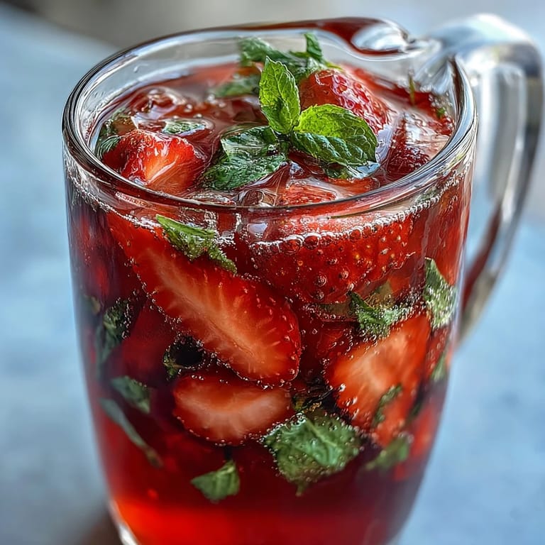 Chilled strawberry mint mocktail pitcher bursting with ripe berries, citrus slices, and cooling mint, ideal for outdoor spring parties and family-friendly sipping.