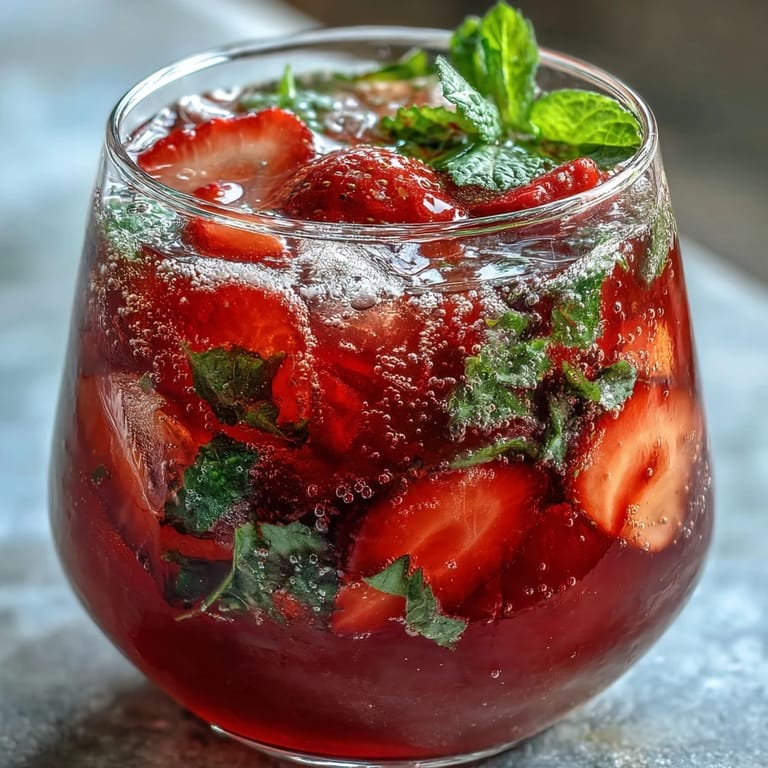 Sparkling strawberry mint mocktail pitcher filled with muddled fruit, zesty citrus, and fresh herbs, served over ice for a refreshing spring beverage.