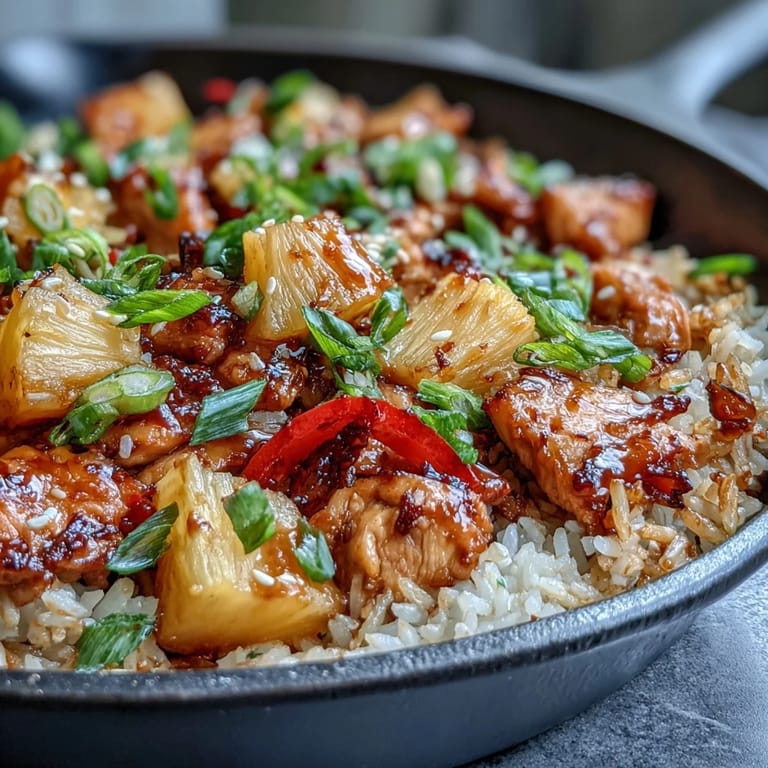 Tender chicken pieces, fluffy rice, and fresh pineapple simmer together in a skillet with red and yellow bell peppers for a tropical dinner.