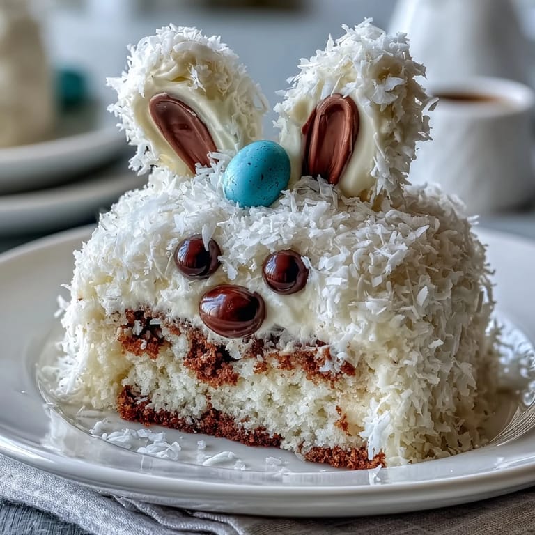Fluffy coconut-covered Easter Bunny Cake with colorful jelly bean accents, ideal for adding a playful touch to your holiday table.