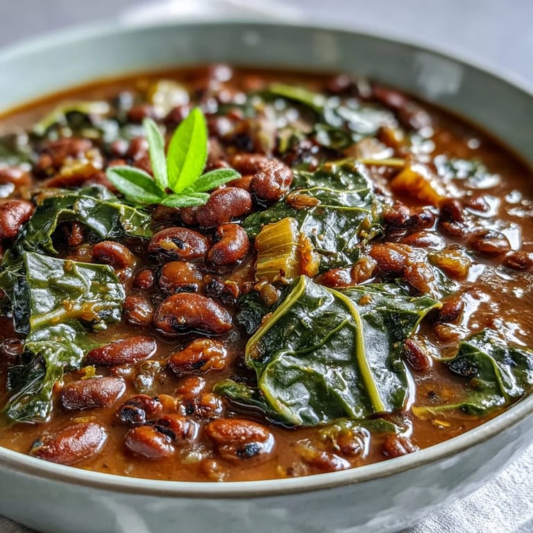 A comforting bowl of black-eyed pea and collard green stew, featuring tender greens, earthy legumes, and warm Southern spices.