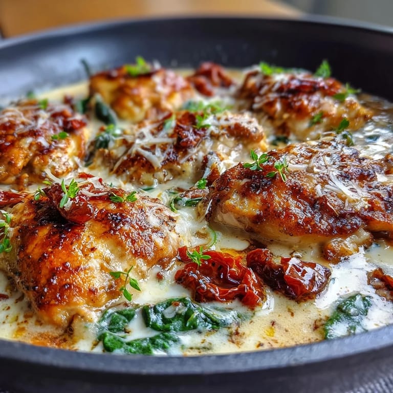 One-pan Creamy Tuscan Chicken Skillet dinner featuring tender chicken breasts in a velvety Parmesan cream sauce.  