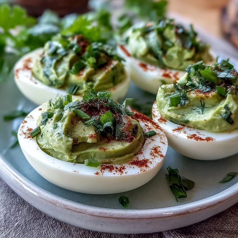 Delicious avocado deviled eggs served chilled, featuring a smooth, creamy filling for spring celebrations.