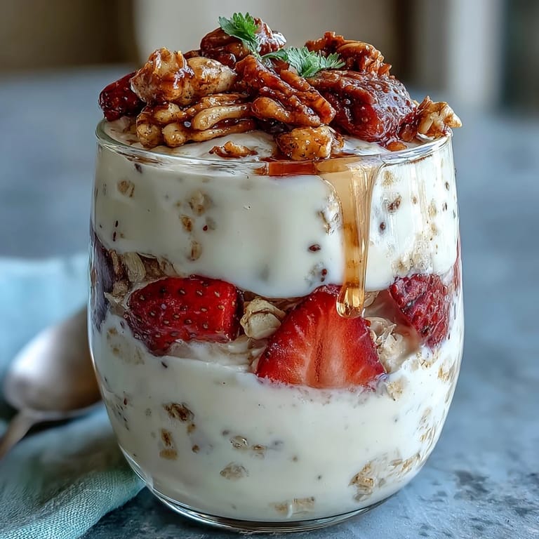 Layered strawberry overnight oats with chia seeds and granola, offering a satisfying crunch and fruity flavor in every bite.