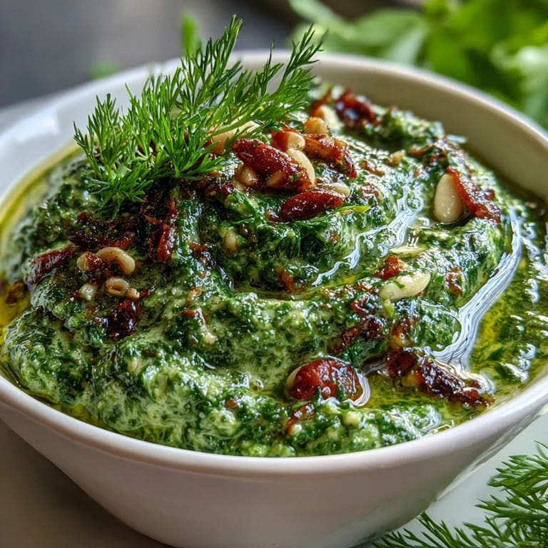 Fresh dandelion greens blended with garlic and toasted pine nuts for a vibrant pesto.  