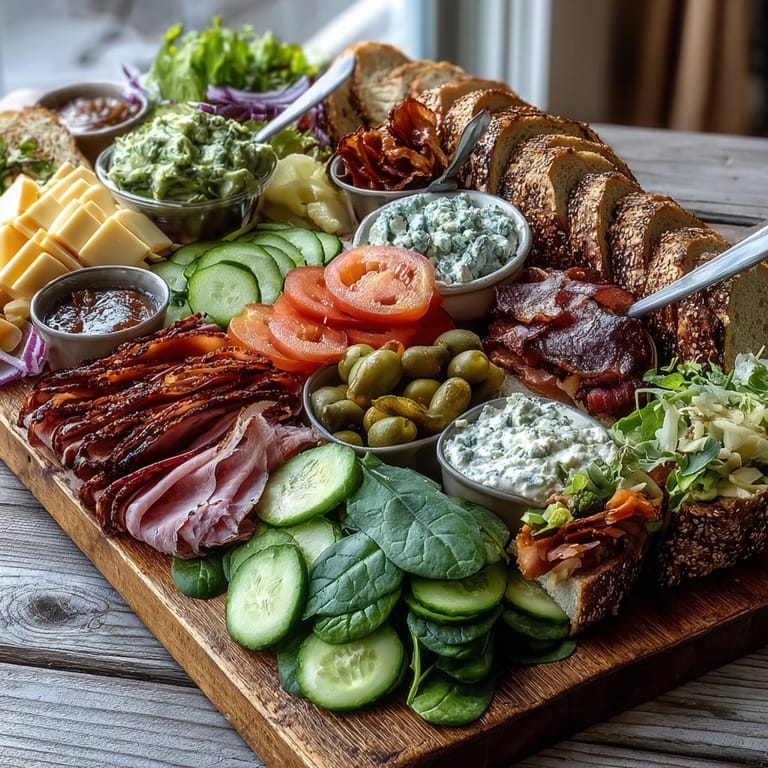 Build-your-own Loaded Deli Sandwich Board showcasing a variety of breads, deli meats, cheeses, and condiments, perfect for sharing at outdoor gatherings.