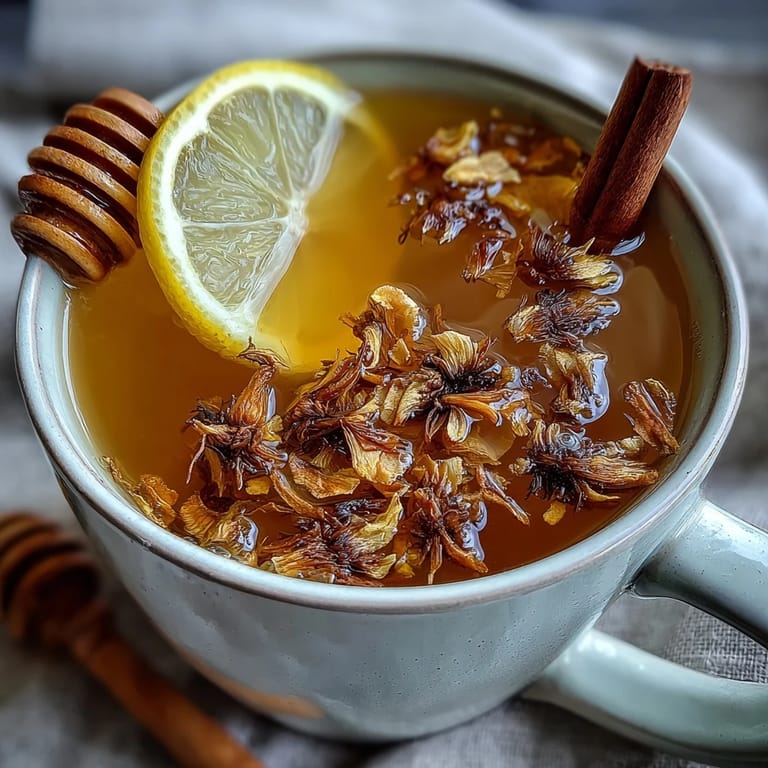 Golden herbal tea brewed with roasted dandelion root, fresh ginger, and turmeric, served steaming in a rustic mug for ultimate comfort.