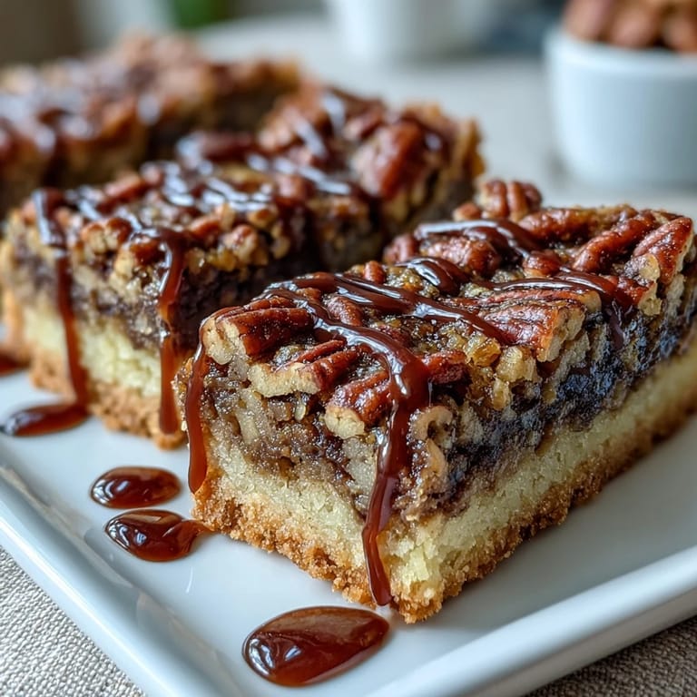 Southern pecan pie bars drizzled with rich bourbon glaze, topped with crunchy pecans, ideal for holiday dessert tables.