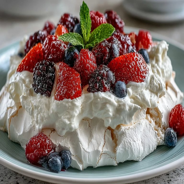 Golden-brown pavlova base with a marshmallow-soft center, adorned with clouds of whipped cream and an array of colorful mixed berries.