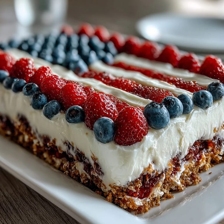 No-bake cheesecake featuring fresh berries arranged in flag pattern, perfect for summer Independence Day celebrations.