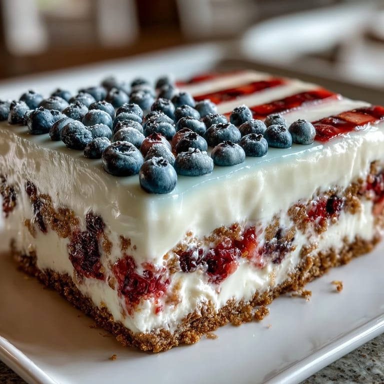 Creamy cheesecake filling with graham cracker crust, topped with vibrant red strawberries and blueberries in patriotic flag design.