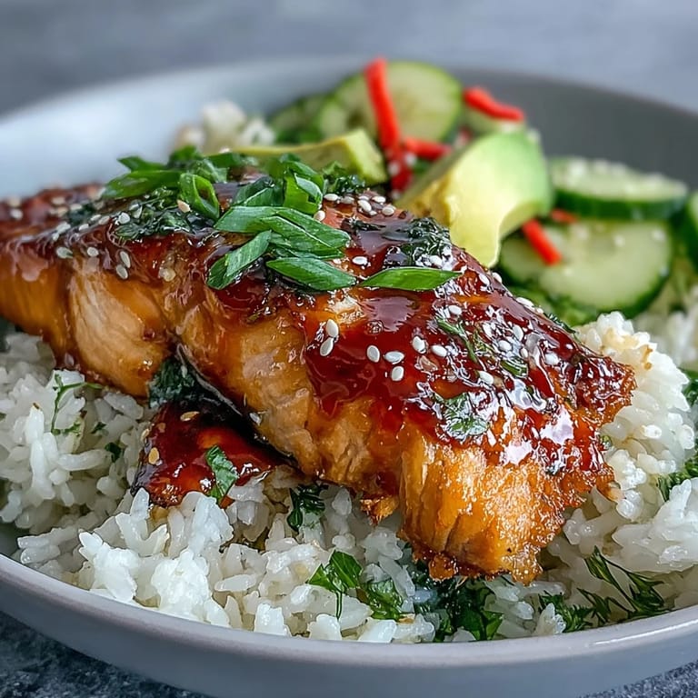 Quick 15-minute teriyaki salmon bowl packed with fresh avocado, carrots, and sesame-topped rice.  