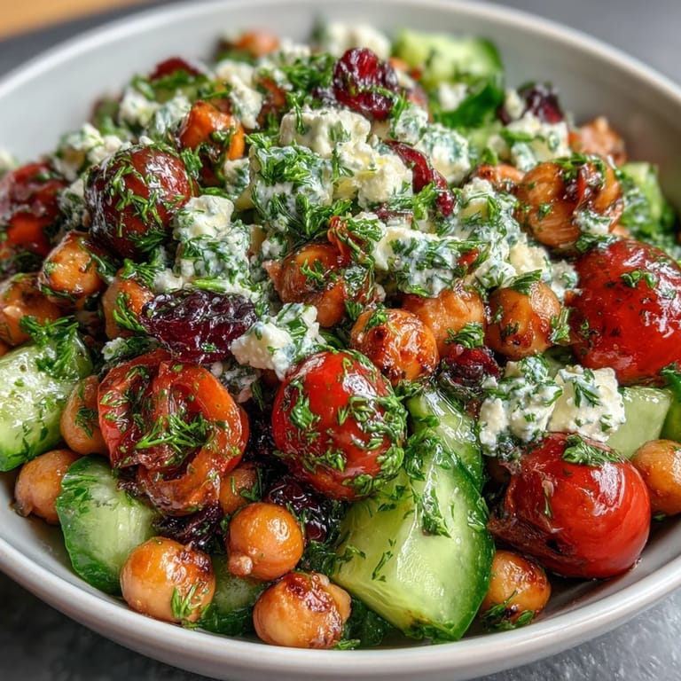 Refreshing cold chickpea salad bursting with fresh herbs, juicy tomatoes, and crisp cucumbers, drizzled with zesty lemon dressing.