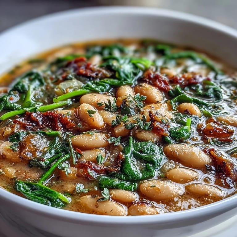 Creamy slow-cooked Tuscan white bean and spinach soup with tender vegetables, aromatic herbs, and a sprinkle of Parmesan on top.