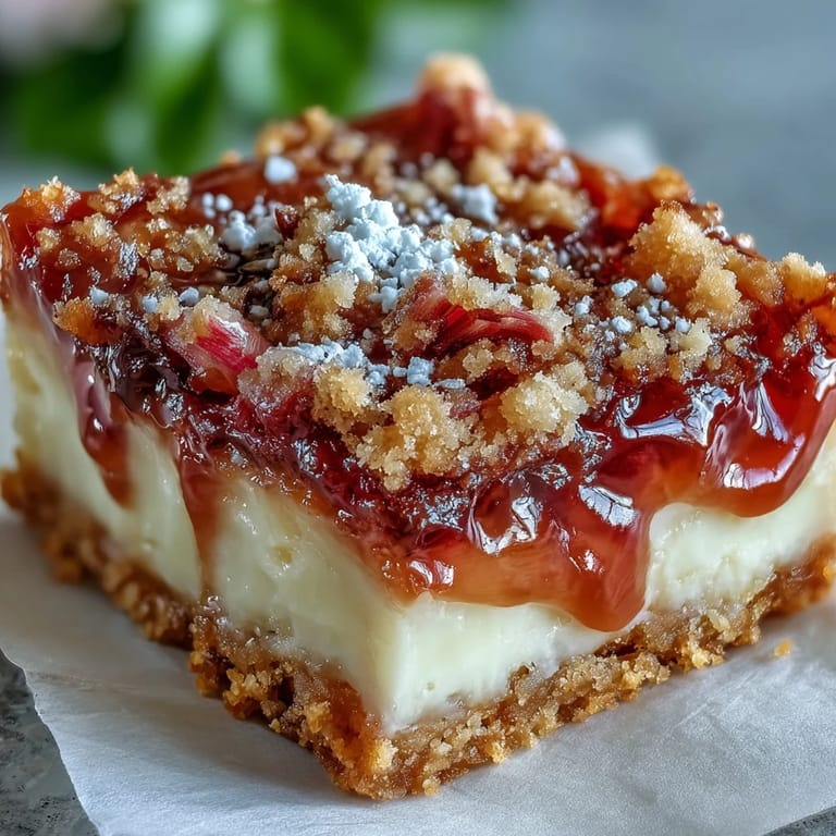 Buttery layers of shortbread, fresh rhubarb, and creamy custard make these rhubarb custard bars a perfect springtime treat.