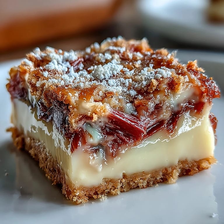 Tangy rhubarb and smooth vanilla custard baked over a crisp shortbread crust in these delightful rhubarb custard bars.