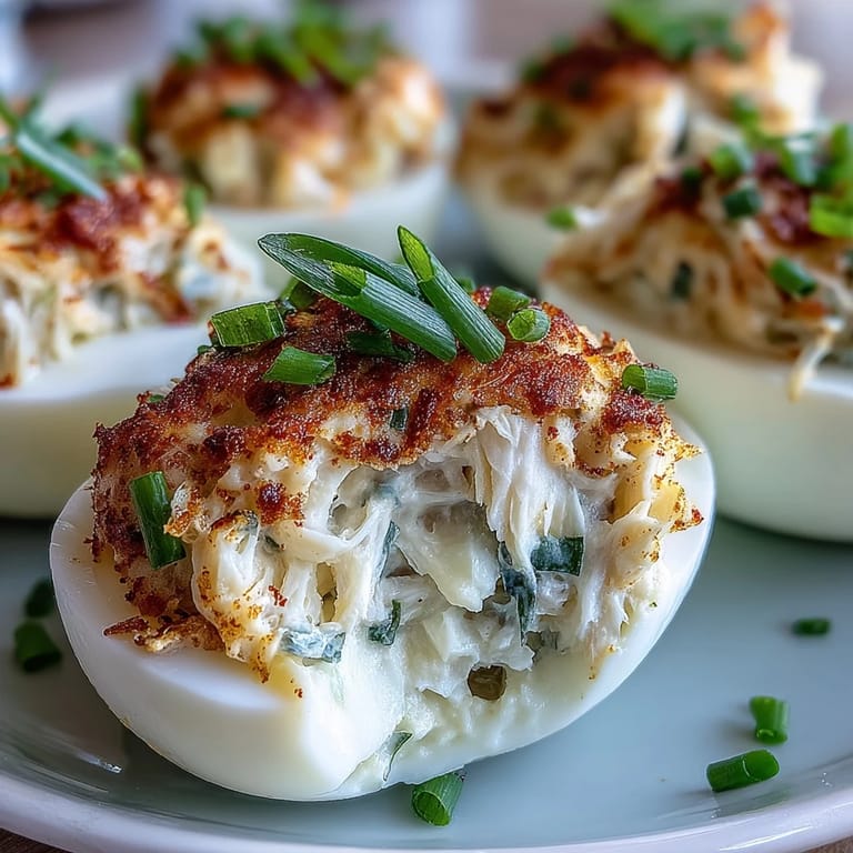 Bite-sized deviled eggs filled with lump crab meat and Old Bay, perfect for seafood lovers at any gathering.  
