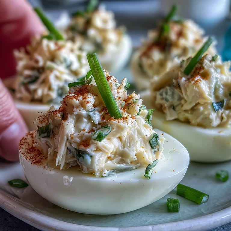 Old Bay-seasoned crab filling nestled in classic deviled eggs, offering a flavorful twist on a beloved party snack.