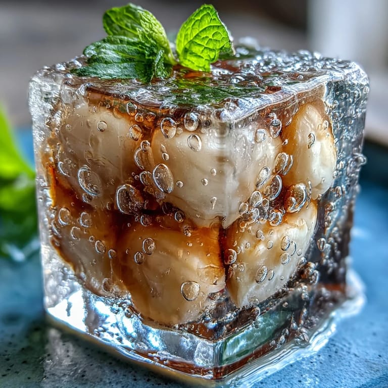 Translucent lychee jelly cubes with whole lychees, served in chilled sparkling yuzu water with fresh mint garnish.